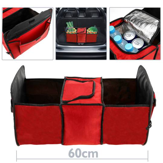 Foldable 3 Compartments Cooler Car Storage Organizer Bag Car Travel Bag Red 
