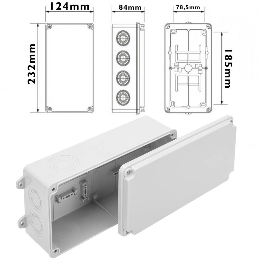 Rectangular surface junction box IP44 halogens free LSZH 120x225x80mm