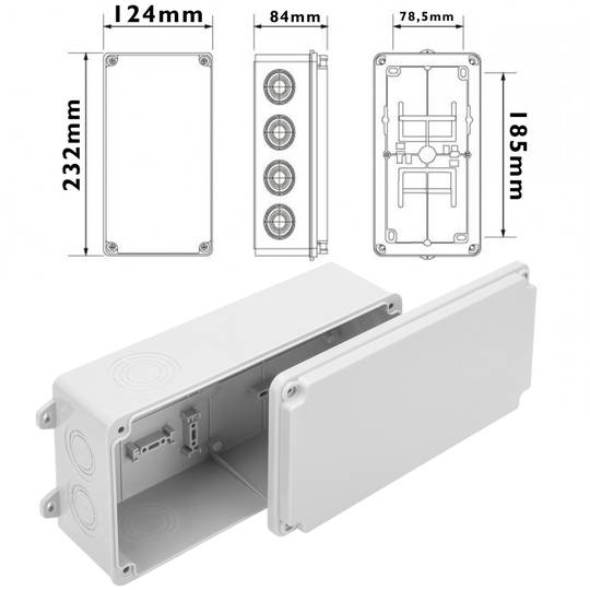 Rectangular surface junction box IP44 halogens free LSZH 120x225x80mm