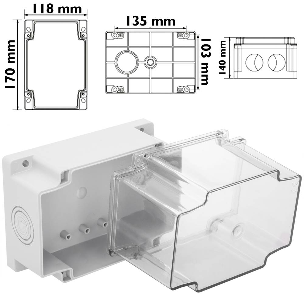 Caja de superficie rectangular transparente IP44 libre de halógenos LSZH 120x170x140mm