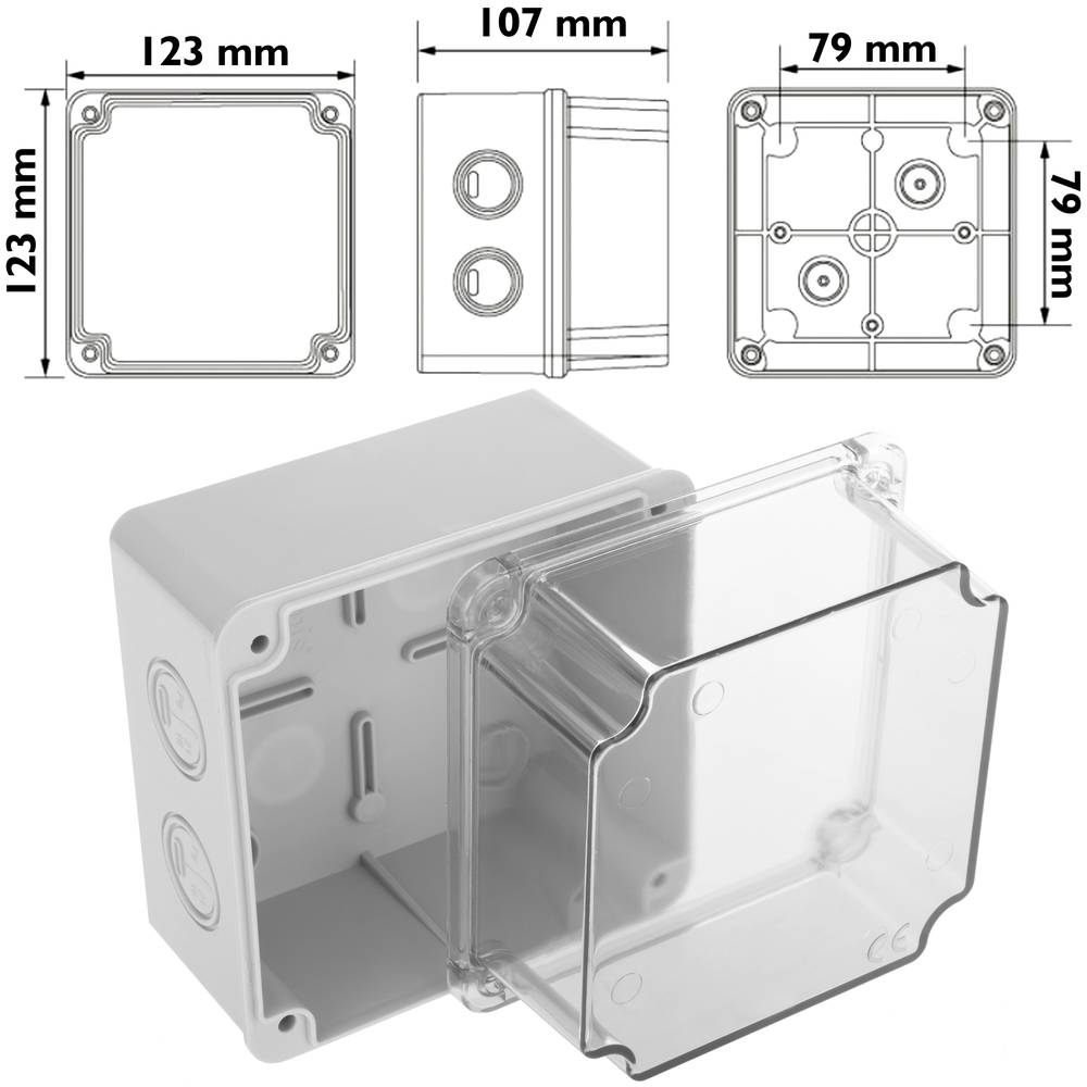 Anschlusskasten für oberfläche rechteckig transparent IP44 halogene frei LSZH 80x80x36mm