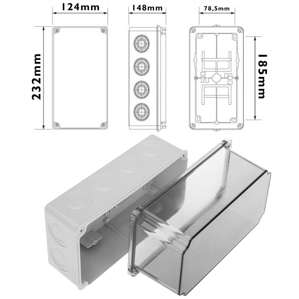 Caja de superficie rectangular transparente IP44 120x225x140mm
