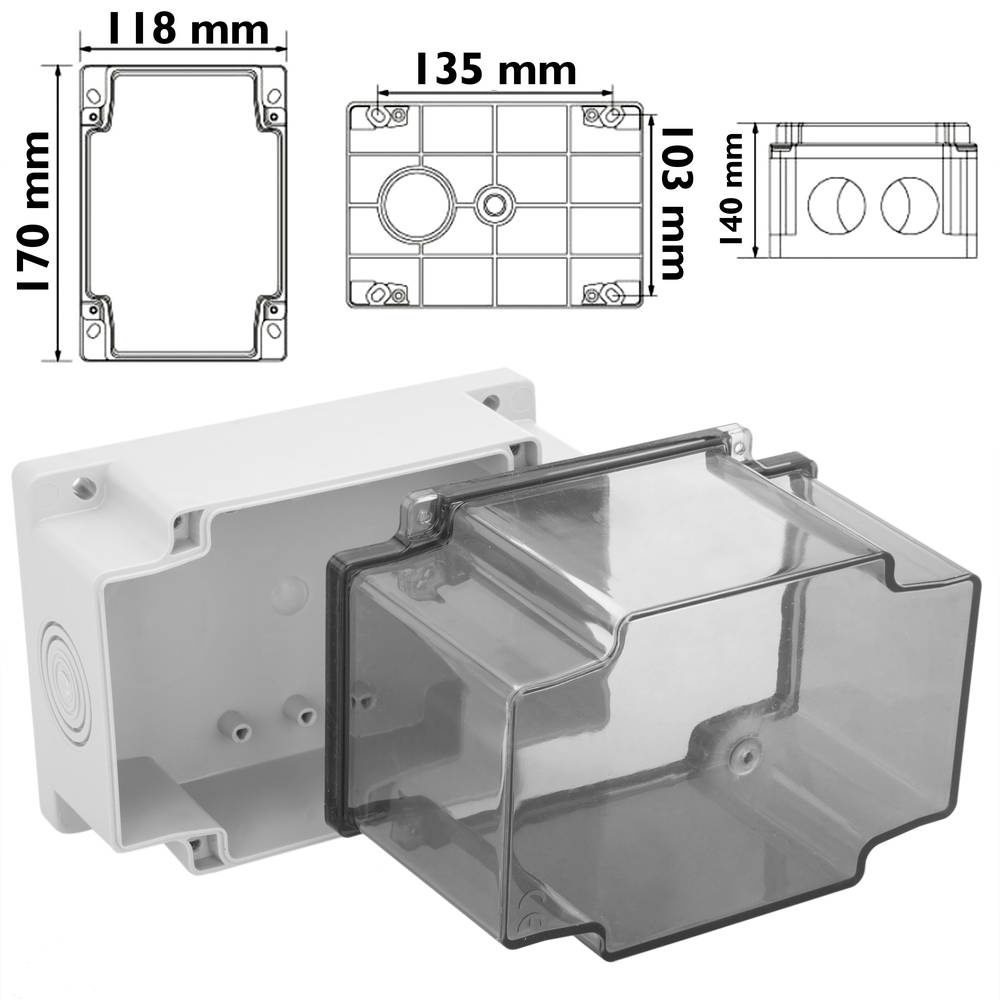 Caixa de superfície rectangular transparent IP66 lliure d'halògens LSZH 120x170x140mm
