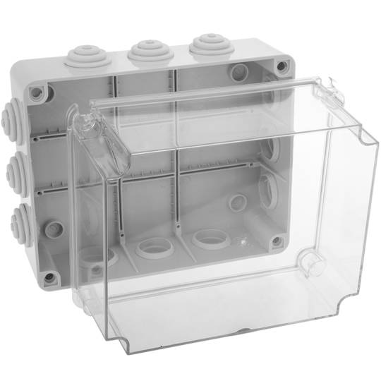 Waterproof box with transparent rectangular surface IP65 250x200x160mm