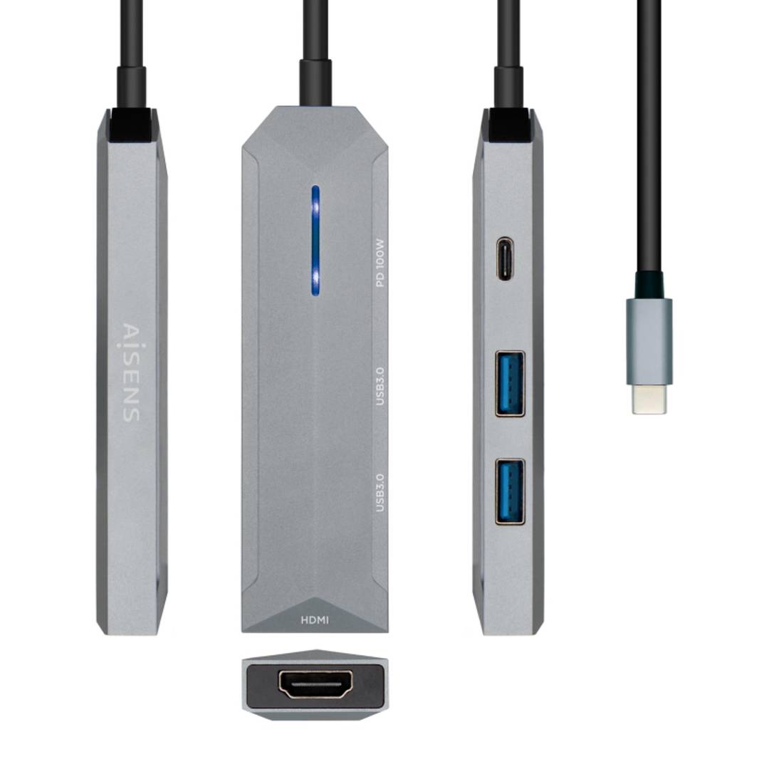 Station d'accueil USB-C 4 en 1 avec 1xHDMI, 2xUSB et 1xPD gris 15 cm Aisens ASUC-4P002-GR