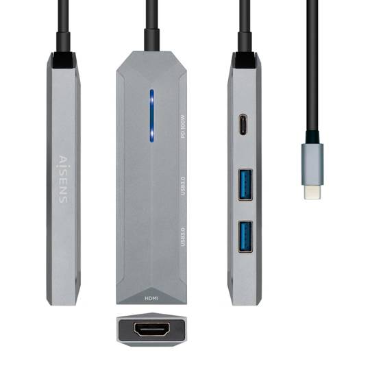 Station d'accueil USB-C 4 en 1 avec 1xHDMI, 2xUSB et 1xPD gris 15 cm Aisens ASUC-4P002-GR