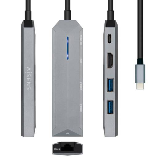 Station d'accueil USB-C 5 en 1 avec 1xHDMI, 2xUSB, 1xRJ45 et 1xPD gris 15 cm Aisens ASUC-5P003-GR