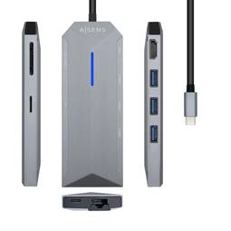Station d'accueil USB-C 8 en 1 avec 1xHDMI, 3xUSB, 1xRJ45, 1xSD, 1xMicro SD et 1xPD gris 15 cm Aisens ASUC-8P004-GR