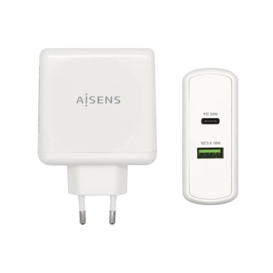 Caricabatterie da 48 W con porta USB-C PD3.0 da 30 W e USB-A QC3.0 da 18 W bianco Aisens ASCH-2PD30QC-W