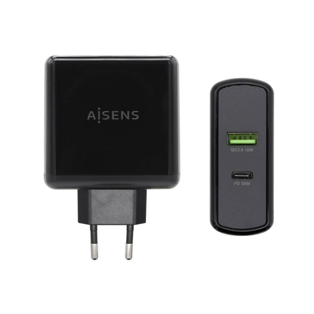Caricabatterie da 48 W con porta USB-C PD3.0 da 30 W e USB-A QC3.0 da 18 W nero Aisens ASCH-2PD30QC-BK
