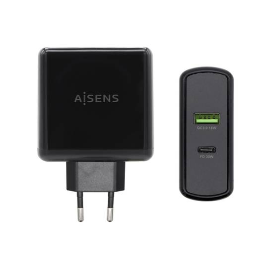 Caricabatterie da 48 W con porta USB-C PD3.0 da 30 W e USB-A QC3.0 da 18 W nero Aisens ASCH-2PD30QC-BK