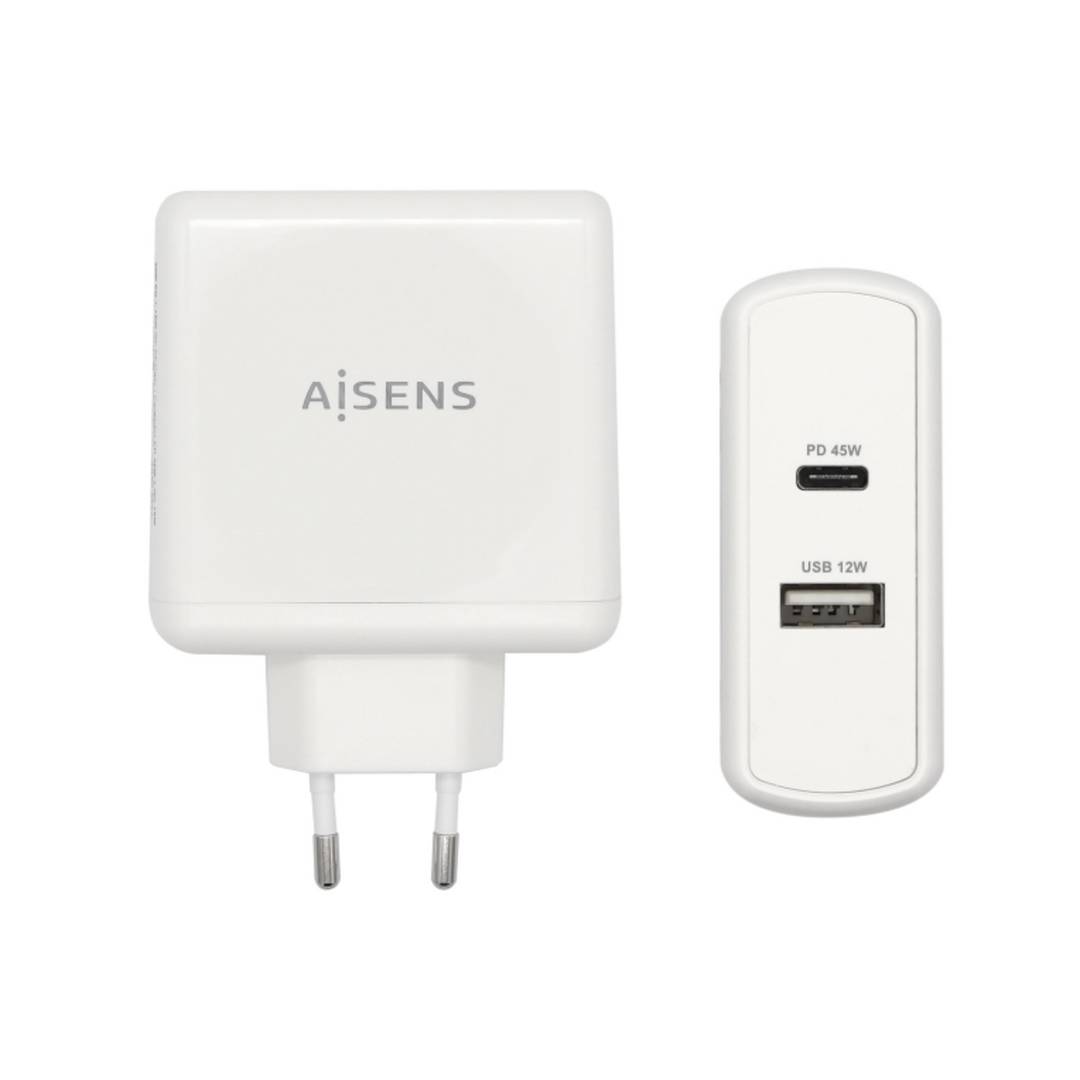 Carregador de 57 W amb un port USB-C PD3.0 de 45 W i USB-A QC3.0 de 12 W blanc Aisens ASCH-2PD45A-W