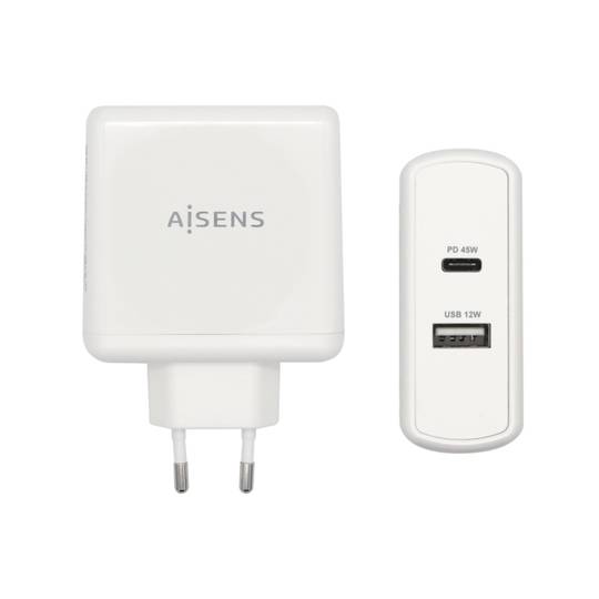 Carregador de 57 W amb un port USB-C PD3.0 de 45 W i USB-A QC3.0 de 12 W blanc Aisens ASCH-2PD45A-W