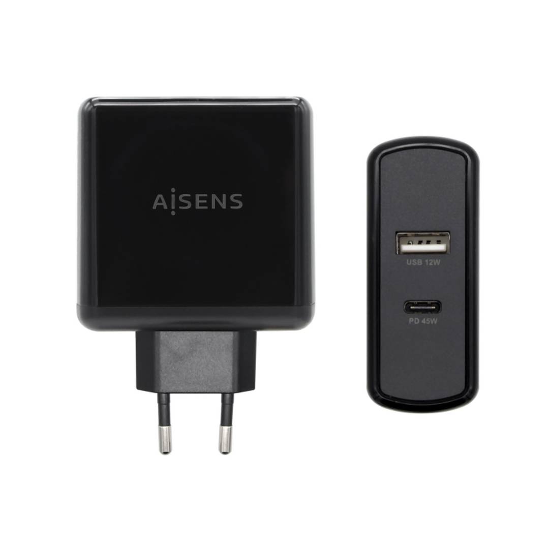 57 W charger with a 45 W USB-C PD3.0 and 12 W USB-A QC3.0 port black Aisens ASCH-2PD45A-BK