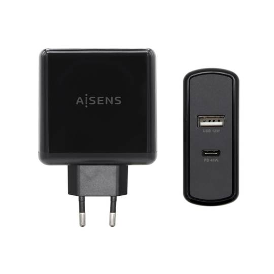 57 W charger with a 45 W USB-C PD3.0 and 12 W USB-A QC3.0 port black Aisens ASCH-2PD45A-BK
