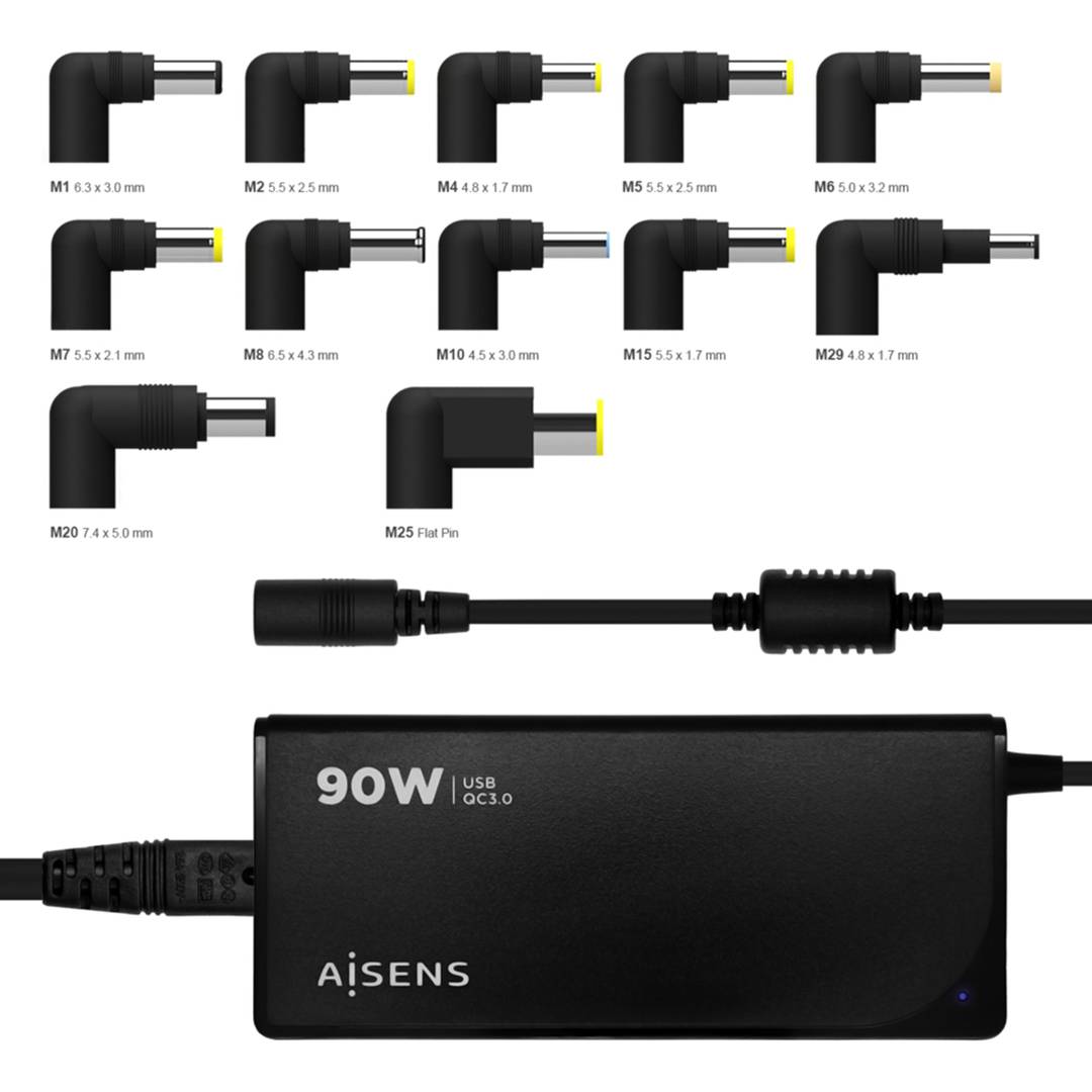 Aisens ASLC-90WAUTO-BK Chargeur noir 90W avec 12 connecteurs USB-A et QC3.0