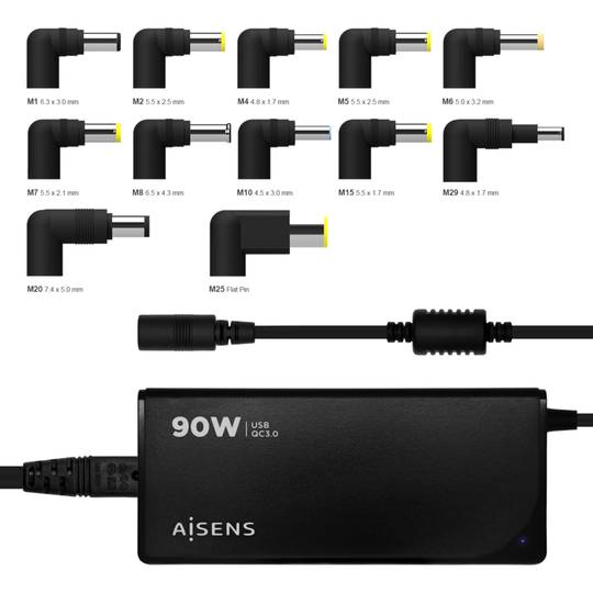 Aisens ASLC-90WAUTO-BK Chargeur noir 90W avec 12 connecteurs USB-A et QC3.0