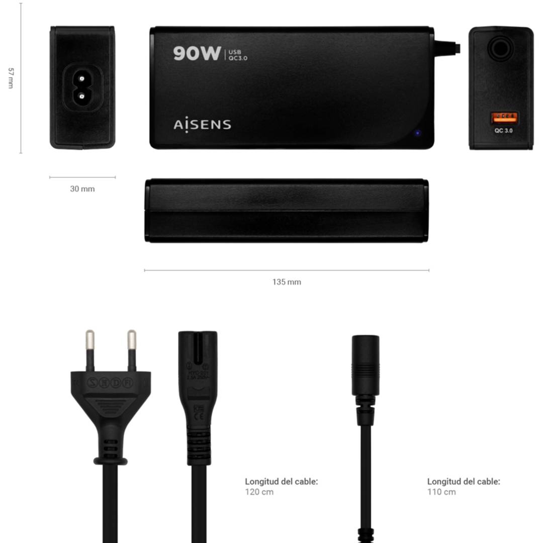 Aisens ASLC-90WAUTO-BK Chargeur noir 90W avec 12 connecteurs USB-A et QC3.0