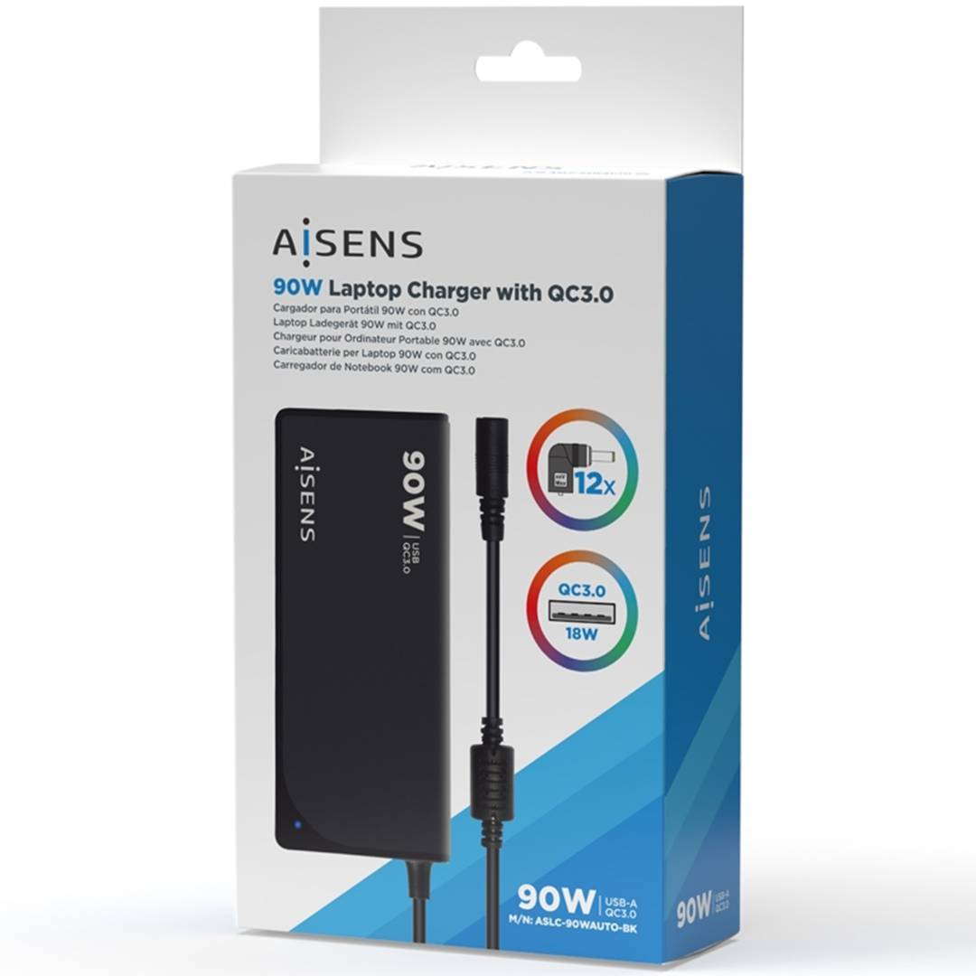 Aisens ASLC-90WAUTO-BK Chargeur noir 90W avec 12 connecteurs USB-A et QC3.0