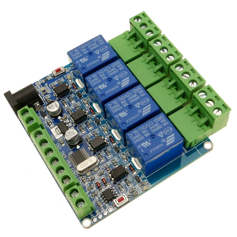 Circuit imprès amb 4 relé amb Modbus RTU DIY STM8S103, i comunicació sèrie RS485