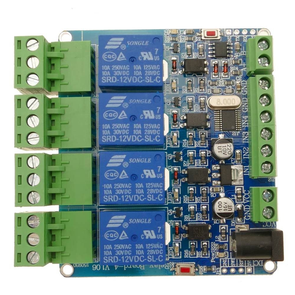 Circuit imprès amb 4 relé amb Modbus RTU DIY STM8S103, i comunicació sèrie RS485