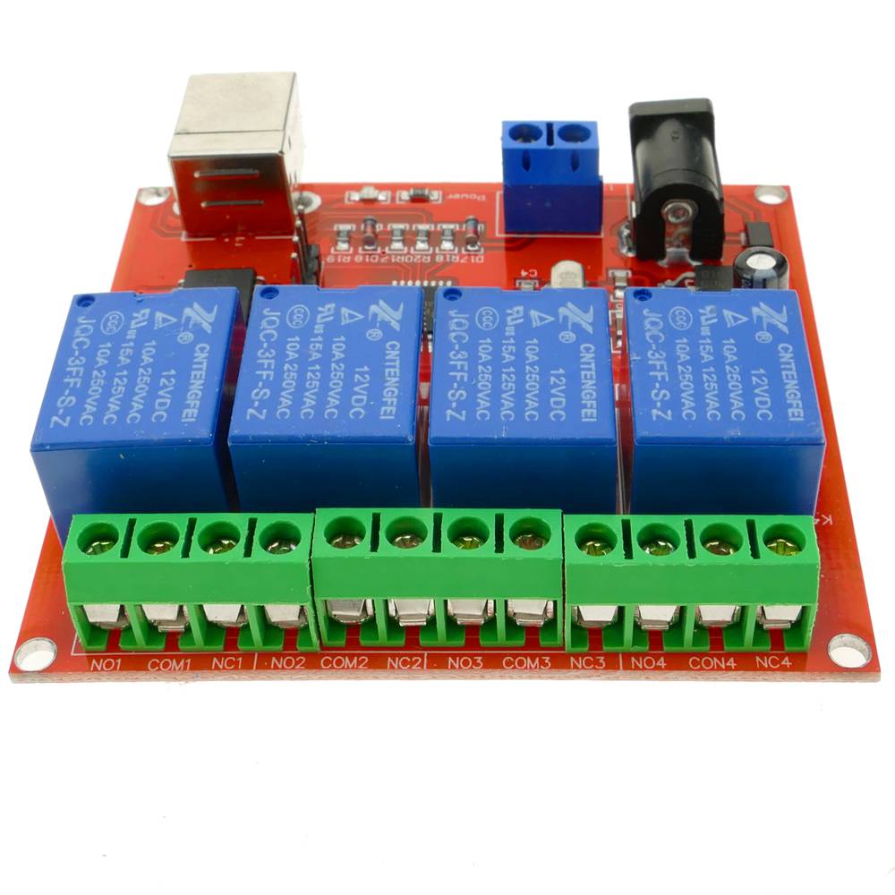 Circuit imprès amb 4 relé per USB de 5V, controlat des ordinador. Model DW-0056