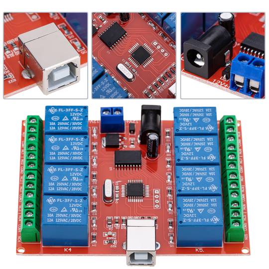 Gedruckte Schaltung mit 8 Relais, die vom Computer über USB gesteuert werden. Modell DW-0057