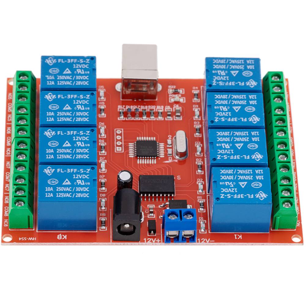 Gedruckte Schaltung mit 8 Relais, die vom Computer über USB gesteuert werden. Modell DW-0057