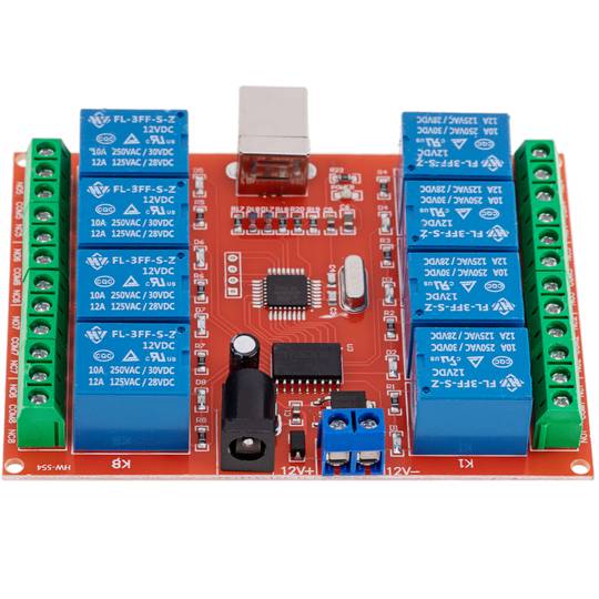 Gedruckte Schaltung mit 8 Relais, die vom Computer über USB gesteuert werden. Modell DW-0057