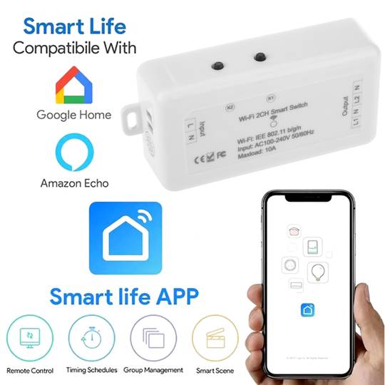 Inteligentny przełącznik Wi-Fi 2-kanałowy zgodny z Google Home, Alexa i IFTTT