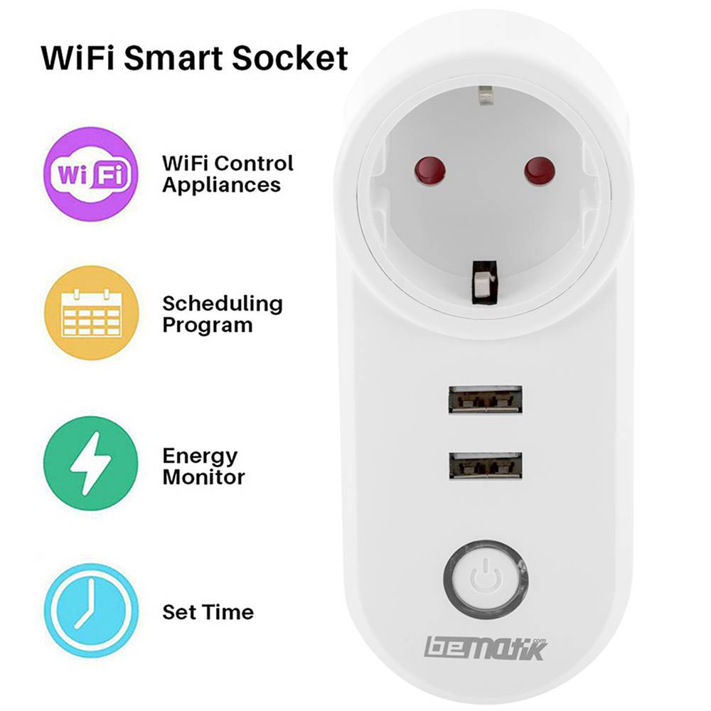 Smart Plug 16A 2200W Wifi White With Two USB Ports Compatible With Google Home, Alexa And IFTTT