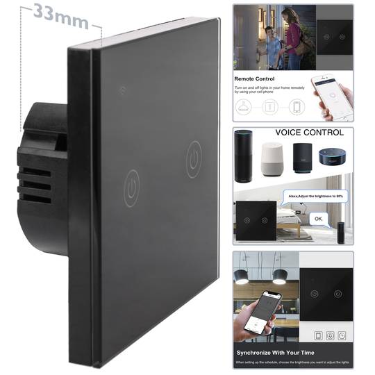 Interrupteur intelligent à double touche noir compatible avec Google Home, Alexa et IFTTT