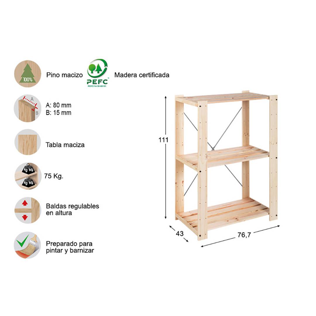 Scaffale con 3 ripiani in legno massello di pino 111x76,7x43 cm Astigarraga