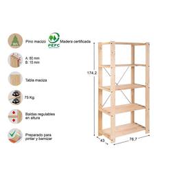 Estante com 5 prateleiras em madeira maciça de pinho 175x76,7x43 cm Astigarraga