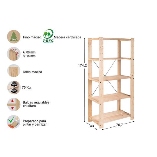 Estantería de 5 baldas de madera de pino macizo 175x76,7x43 cm Astigarraga