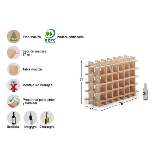 Rioja bottle rack for 24 bottles of solid pine wood 75x22x54cm Astigarraga