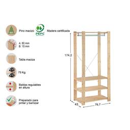 Massief grenenhouten kledingrek met 3 planken 175x76,7x43 cm Astigarraga