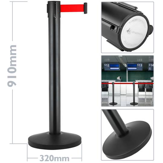 Słupek dystansowy 2 szt. Czarny z 3m rozciąganą taśmą 320 x 63 x 910 mm