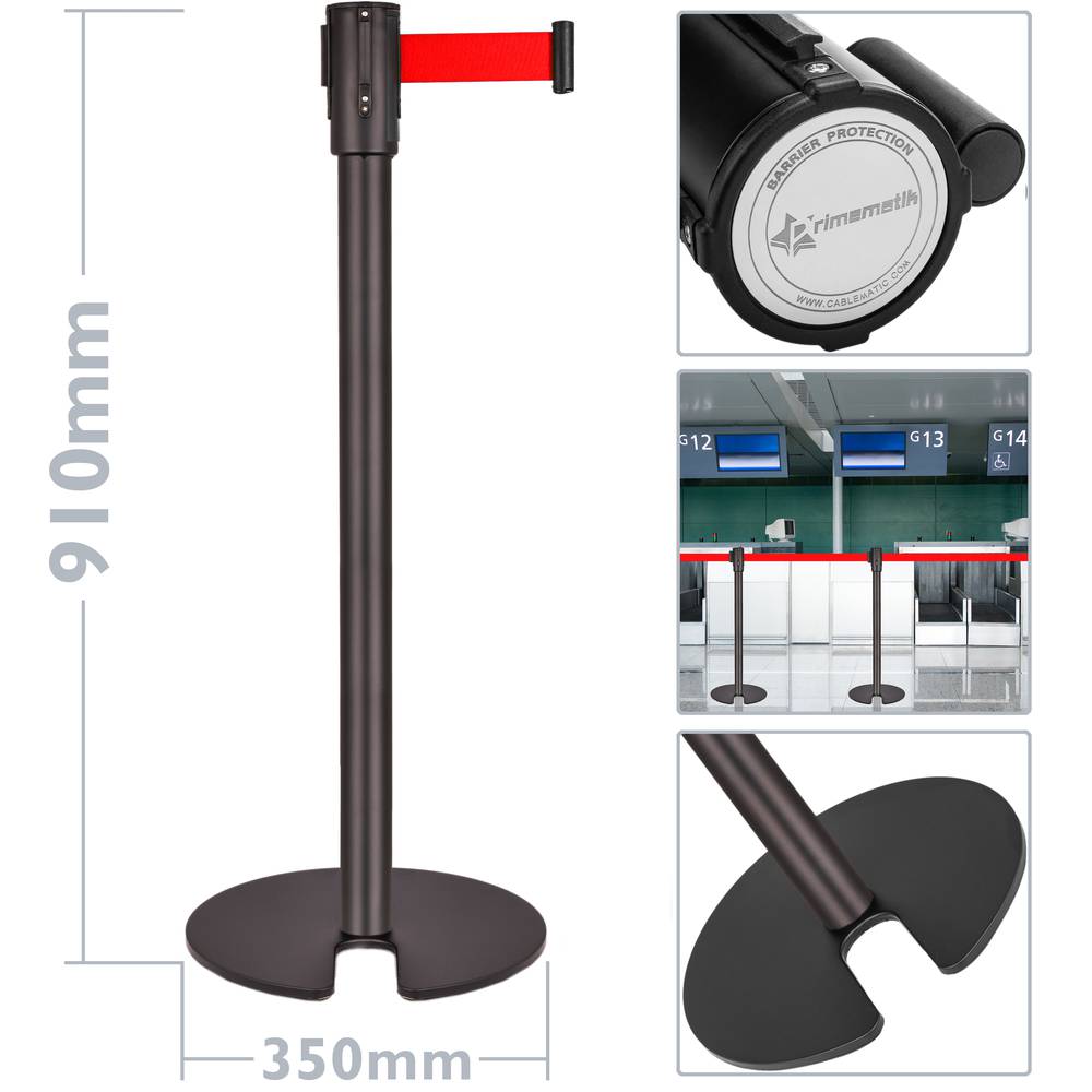 Poste separador 2 unidades negro con cinta extensible roja de 3 m 350 x 50 x 910 mm