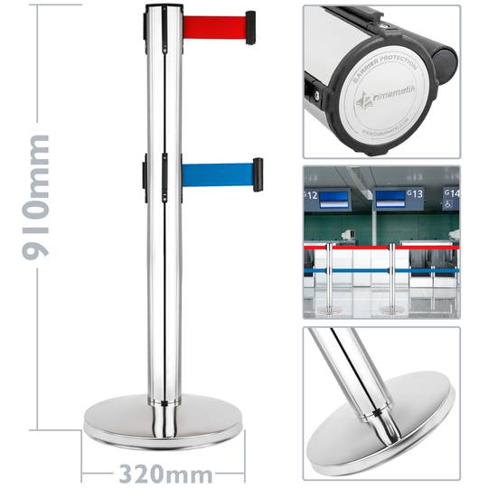 Poteau de séparation 2 éléments en acier inoxydable avec ruban extensible bleu et rouge de 2 m 320 x 63 x 910 mm