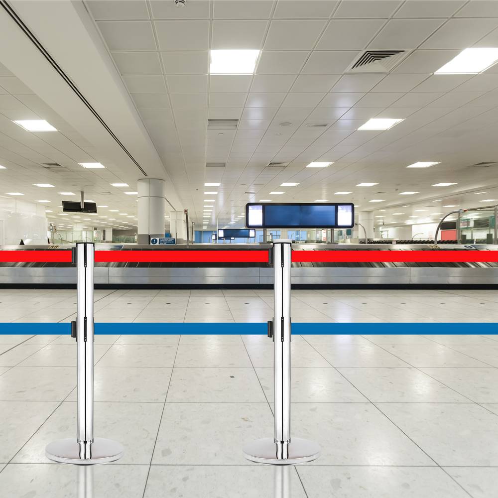 Afscheidingspaal 2 units in roestvrij staal met 5 m blauwe en rode uitrekbare tape 350 x 76 x 910 mm