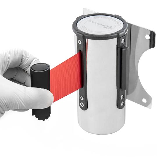 Fijación de pared en acero inoxidable con 2 m de cinta retráctil roja