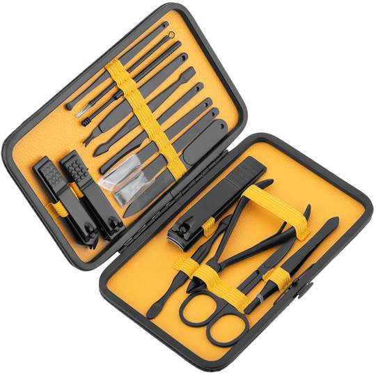 Set professionale per manicure e pedicure, set di 16 accessori in acciaio inossidabile, colore nero