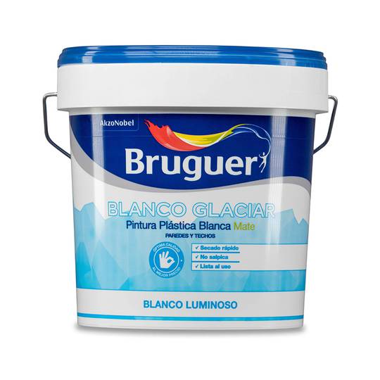 Pintura plàstica per a parets i sostres amb acabat mat color blanc glacera 4L Bruguer 5208049