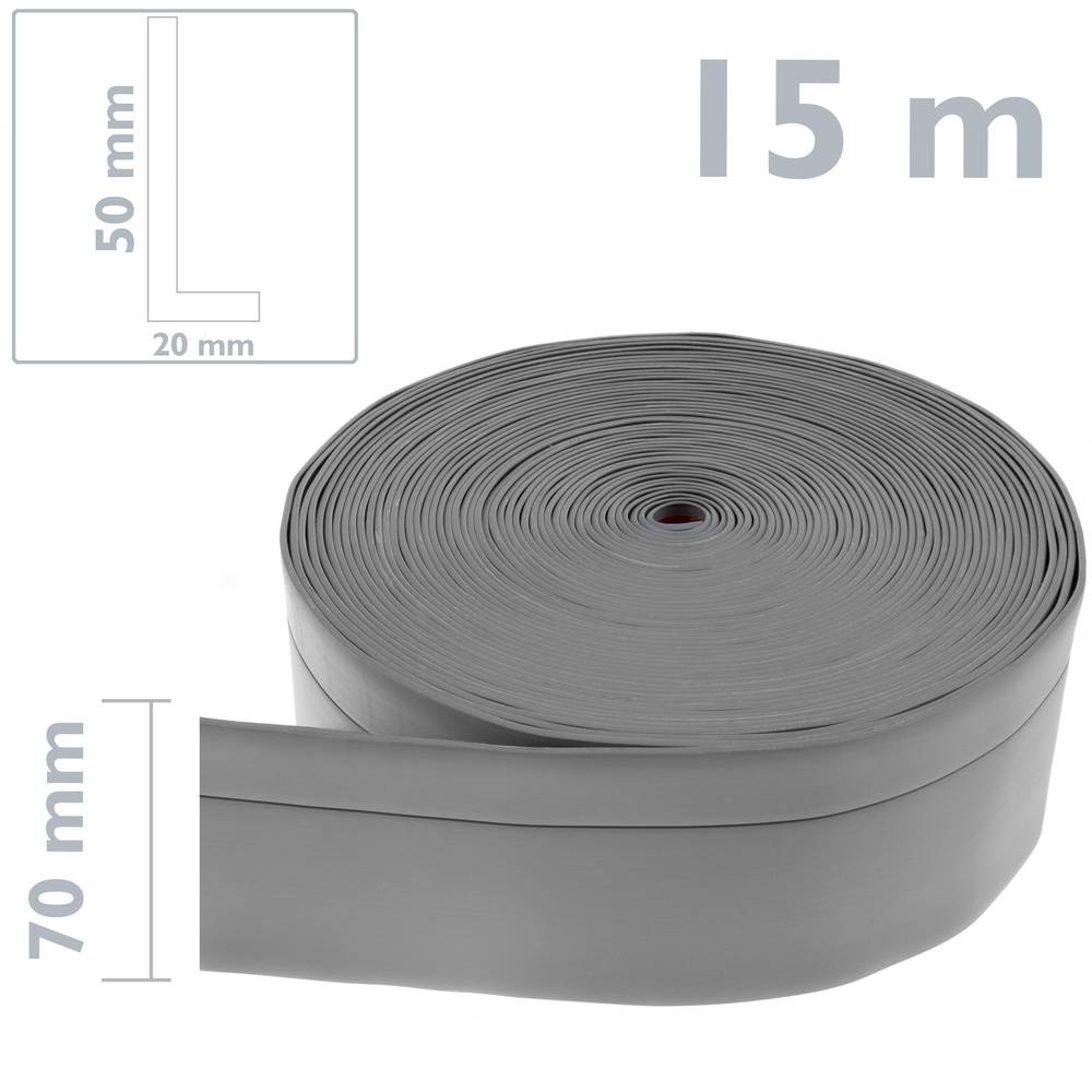 Rodapé autocolante flexível de 50 x 20 mm. Comprimento 15 m cinza