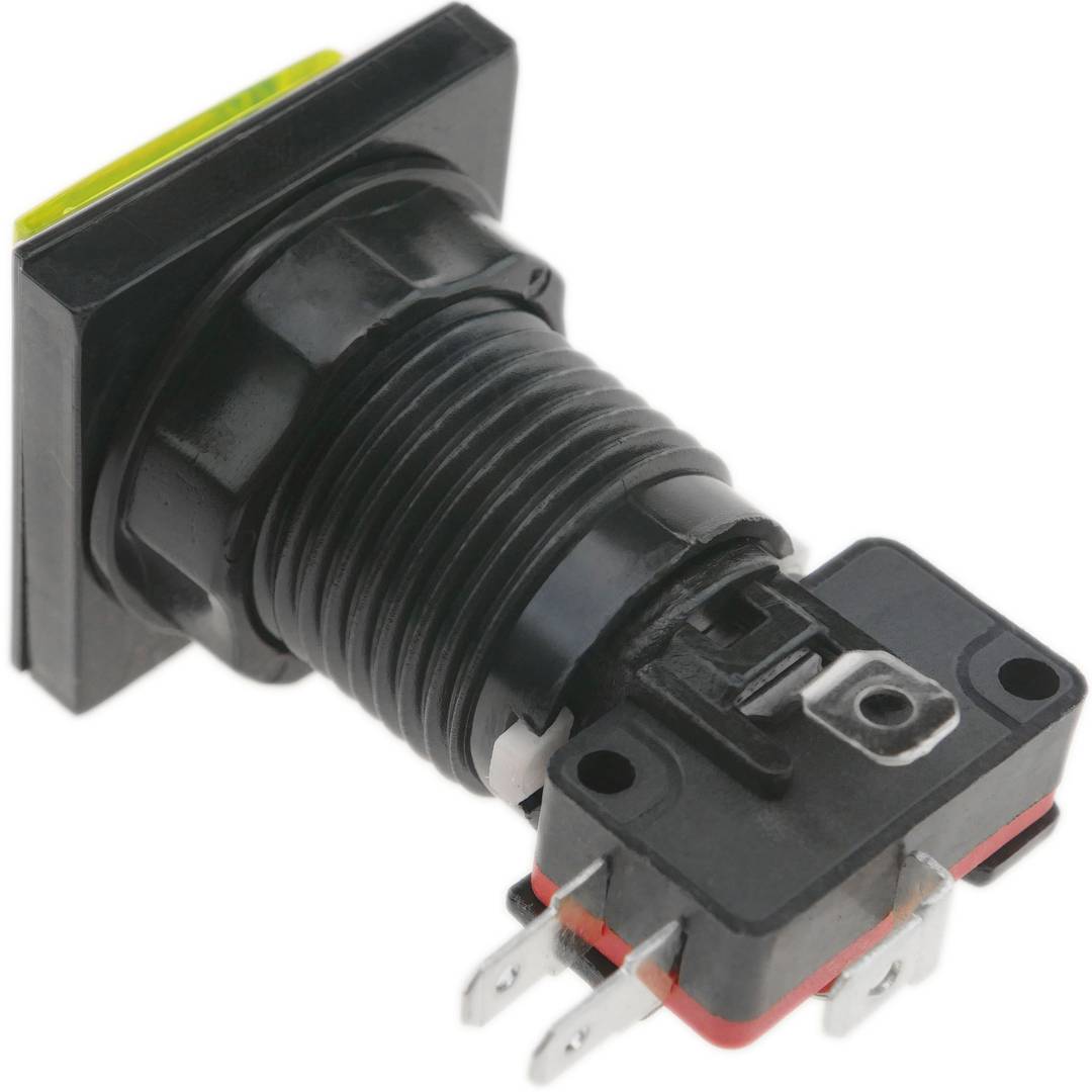 Polsador arcade momentani 32x32 mm 1NO 1NC 250V 15A SPDT groc amb llum