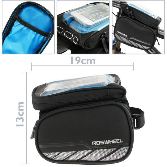 Bolsa para cuadro de bicicleta con 3 compartimentos. Ventana transparente táctil para teléfono