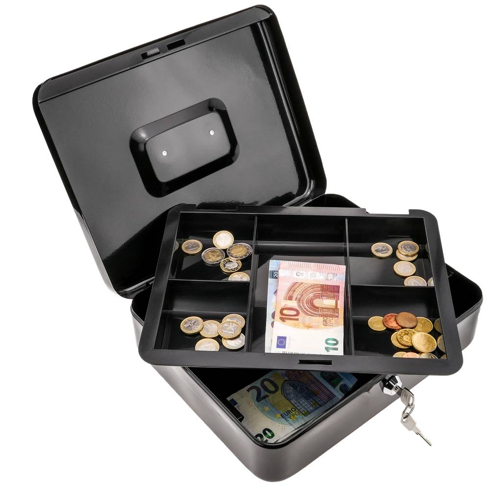 HAITRAL Caisse à monnaie, Boîte à billets en métal verrouillable argent,  pièce de monnaie et boîte de sécurité grande caisse avec serrure, 30 x 24 x  9