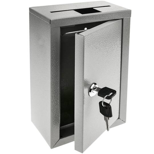 Kluczowa skrzynka zwrotna. Szary urny darowizny. Pudełko ścienne 140 x 76 x 232 mm