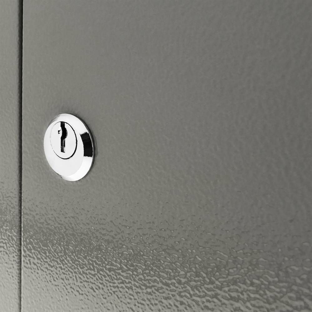 Key return mailbox. Donation urn in gray color. Wall box 140 x 76 x 232 mm